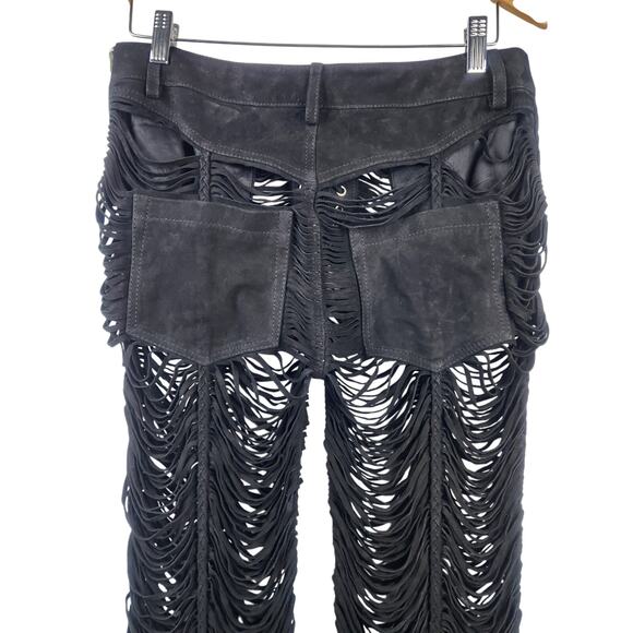 Retrofete Suede Pants Black Size Medium Pockets Sheer Fringe - Picture 6 of 9